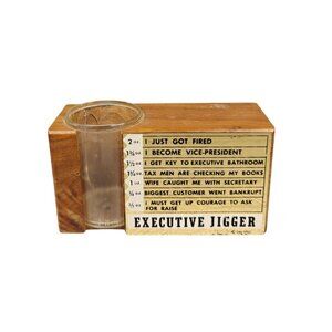 Vintage Executive Jigger Shot Glass Wooden Stand Novelty Funny Desk Pen Holder